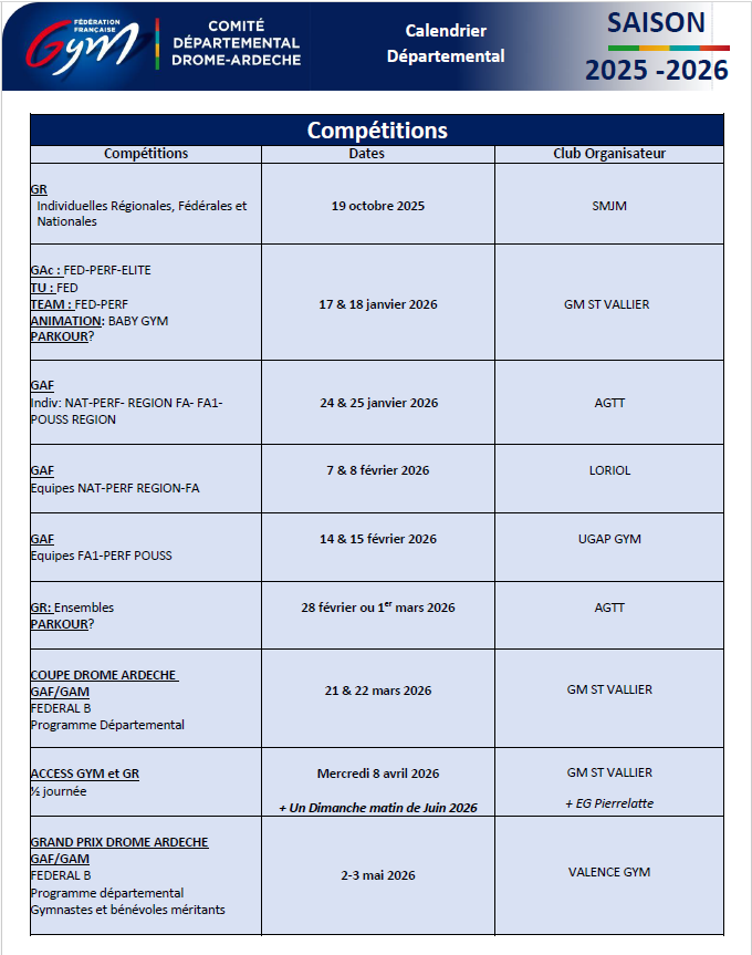 Calendrier compétitif 2025/2026